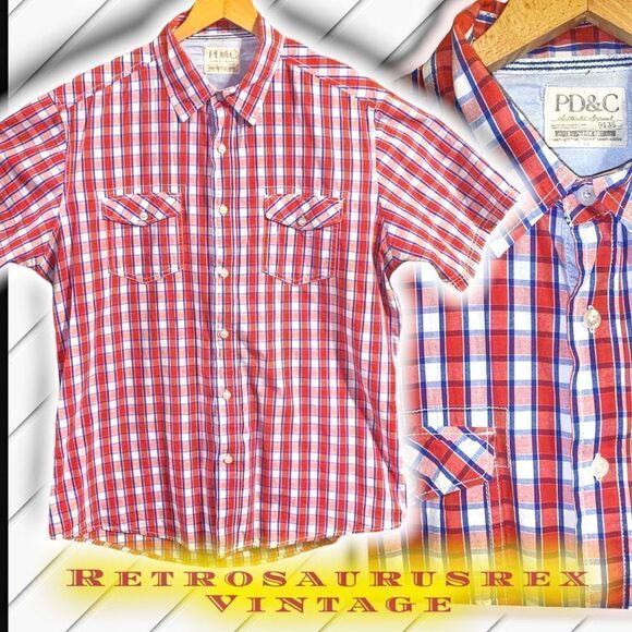 Pd& C Paper Denim & Cloth Plaid Checkered Red, White & Blue Button Up Shirt, Lar - Picture 1 of 5